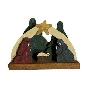 Primitive Nativity Scene Wooden Manger Stable Folk Art Decor Christmas Holiday